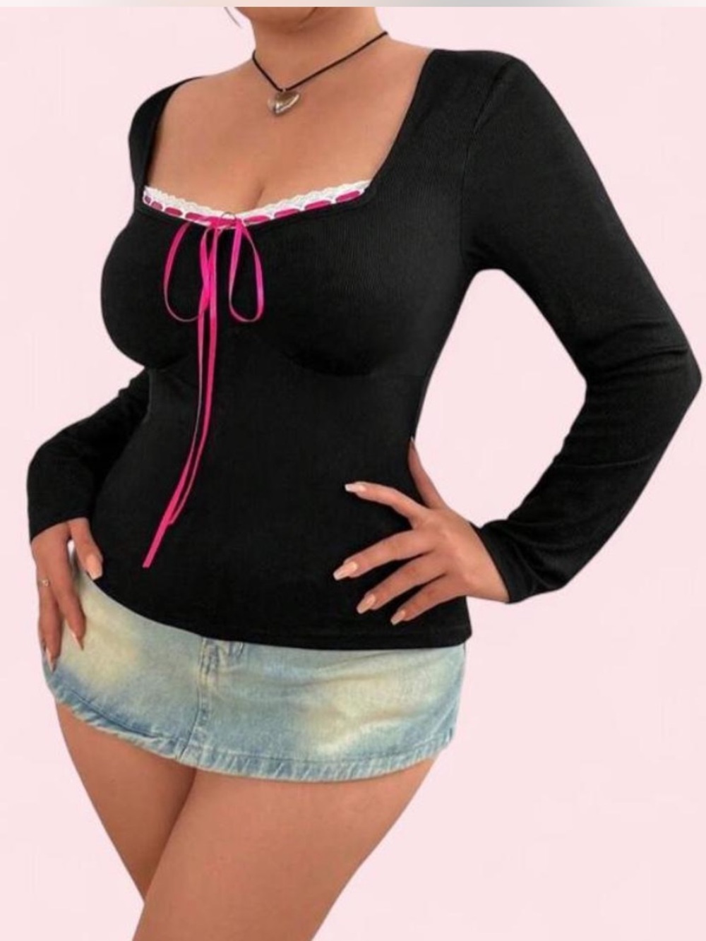 Vintage Y2K vibes milkmaid black pink ribbon accent top 18W - Picture 1 of 3